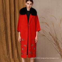 Wholesale Winter Elegant Chinese Traditional Coats Fuzzy Really Fur Fox Collar Red Long Wool Women Embroidered Coat